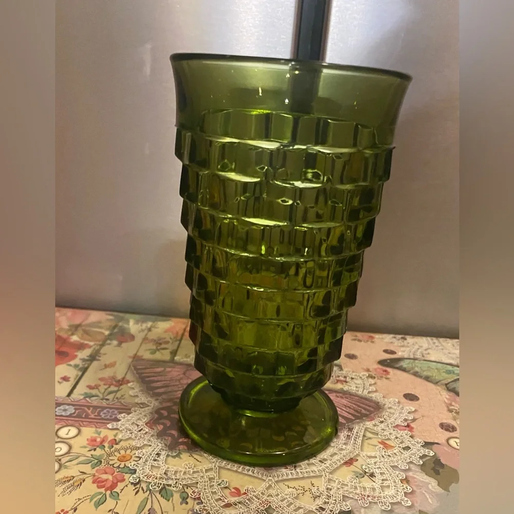 Single 70's VTG Green Indiana Whitehall Cubist Ice Tea Water Glasses 6
